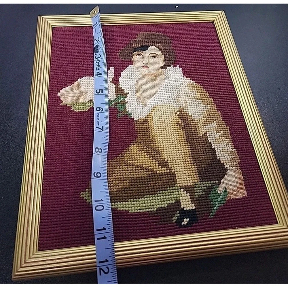 Vtg Antique Needle Point Tapestry Woman Holding A Bunny 10 x 12 Gold Frame 1950s